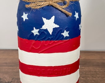 American Flag Mason Jar / Mason Jar Centerpiece / 4th of July Decor / Painted Mason Jars