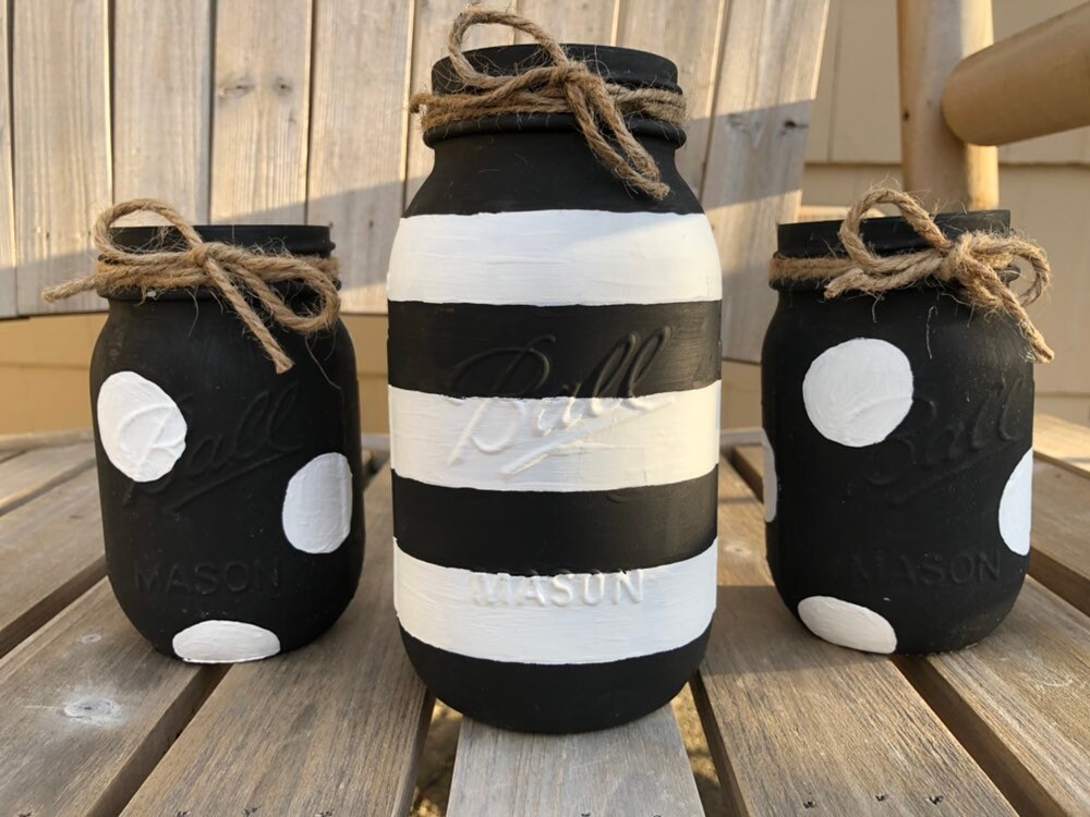 Black White Striped Polka Dot Mason Jar Centerpiece Set