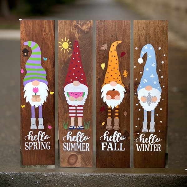 Gnome Seasonal Wood Signs / Gnome Signs / Hello Spring, Summer Fall & Winter/ Gnome Porch Signs
