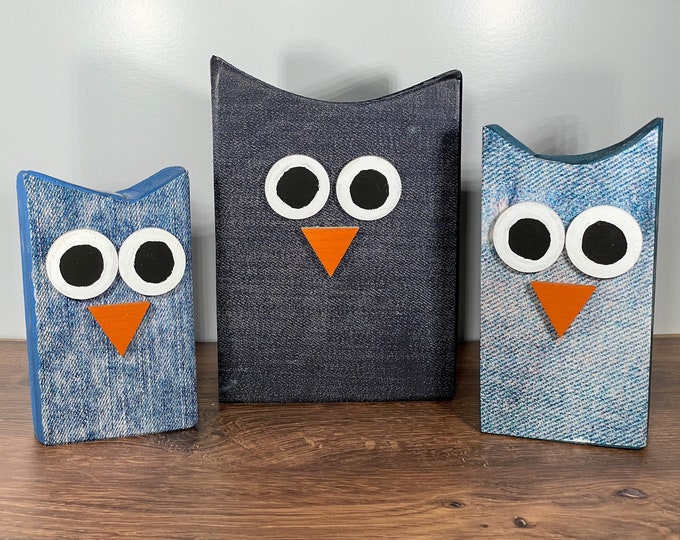 Denim Owl Wood Blocks
