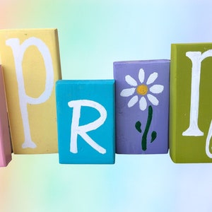 Blocos de madeira de primavera / Blocos de madeira com letras de primavera / Decoração de prateleira de primavera / Decoração de casa de primavera