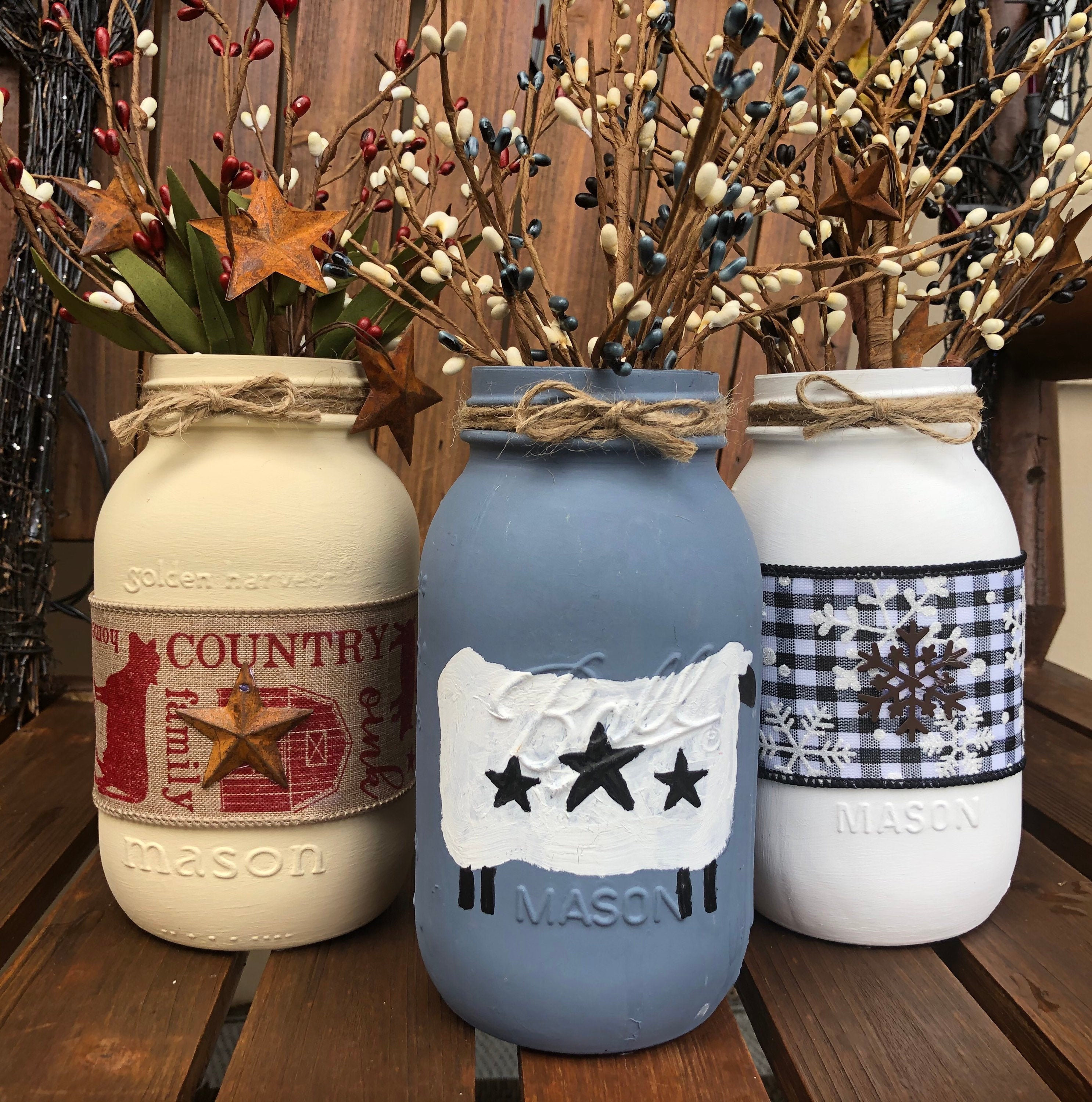 Farmhouse Primitive Mason Jars / Buffalo Plaid Mason Jar / Etsy