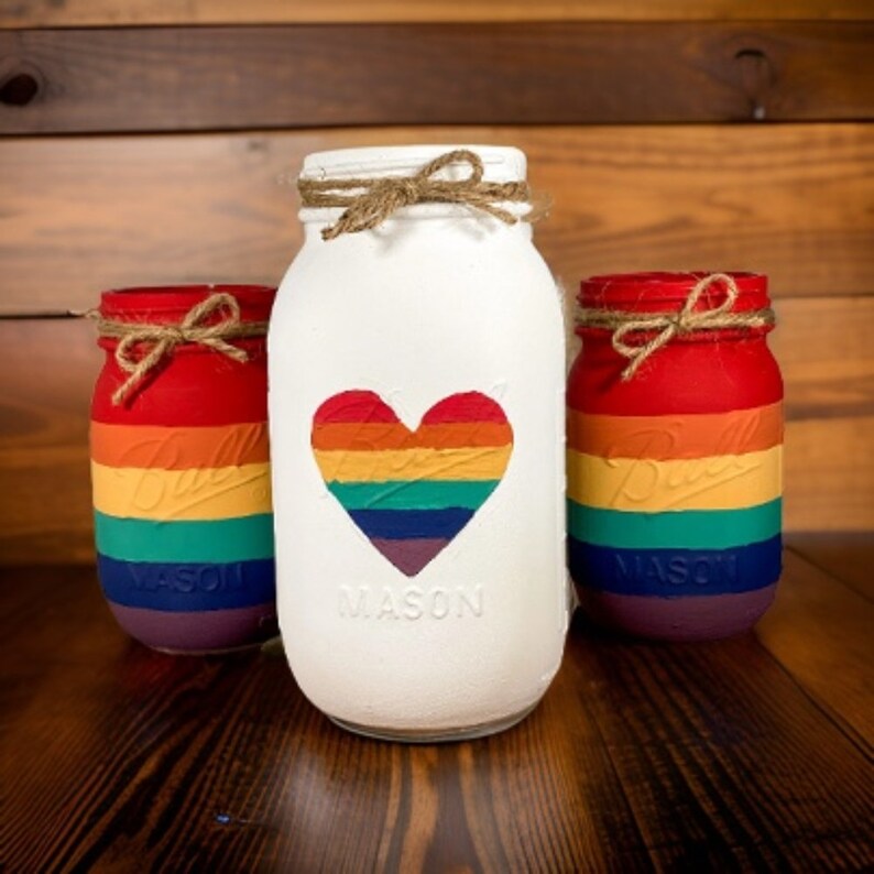 Rainbow Mason Jars / Mason Jar Centerpiece / LGBTQ Pride Decor / Rainbow Decor / Painted Mason Jars image 7