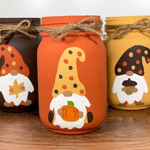 Gnome Fall Mason Jars / Gnome Mason Jars / Fall Decor / Mason Jar Centerpiece / Painted Mason Jars