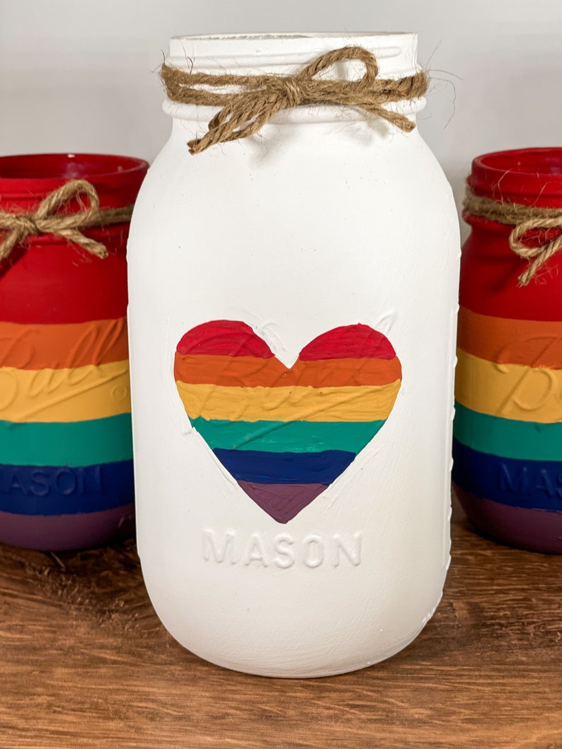 Rainbow Mason Jars / Mason Jar Centerpiece / LGBTQ Pride Decor / Rainbow Decor / Painted Mason Jars image 5