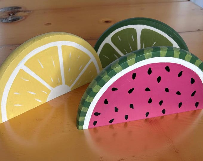 Featured listing image: Wooden Watermelon, Lemon, Lime Shelf Sitter / Hand-painted Farmhouse Decor