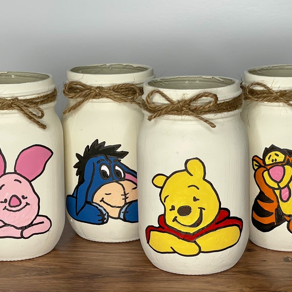 Hand-Painted Winnie the Pooh Mason Jars, Baby Shower Decor