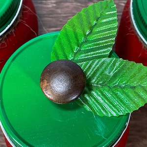 K&ouml;nnte beinhalten: Ein gr&uuml;ner Einmachglasdeckel mit einem braunen Knopf und zwei gr&uuml;nen Bl&auml;ttern darauf. Der Einmachglasdeckel befindet sich auf einem roten Einmachglas.