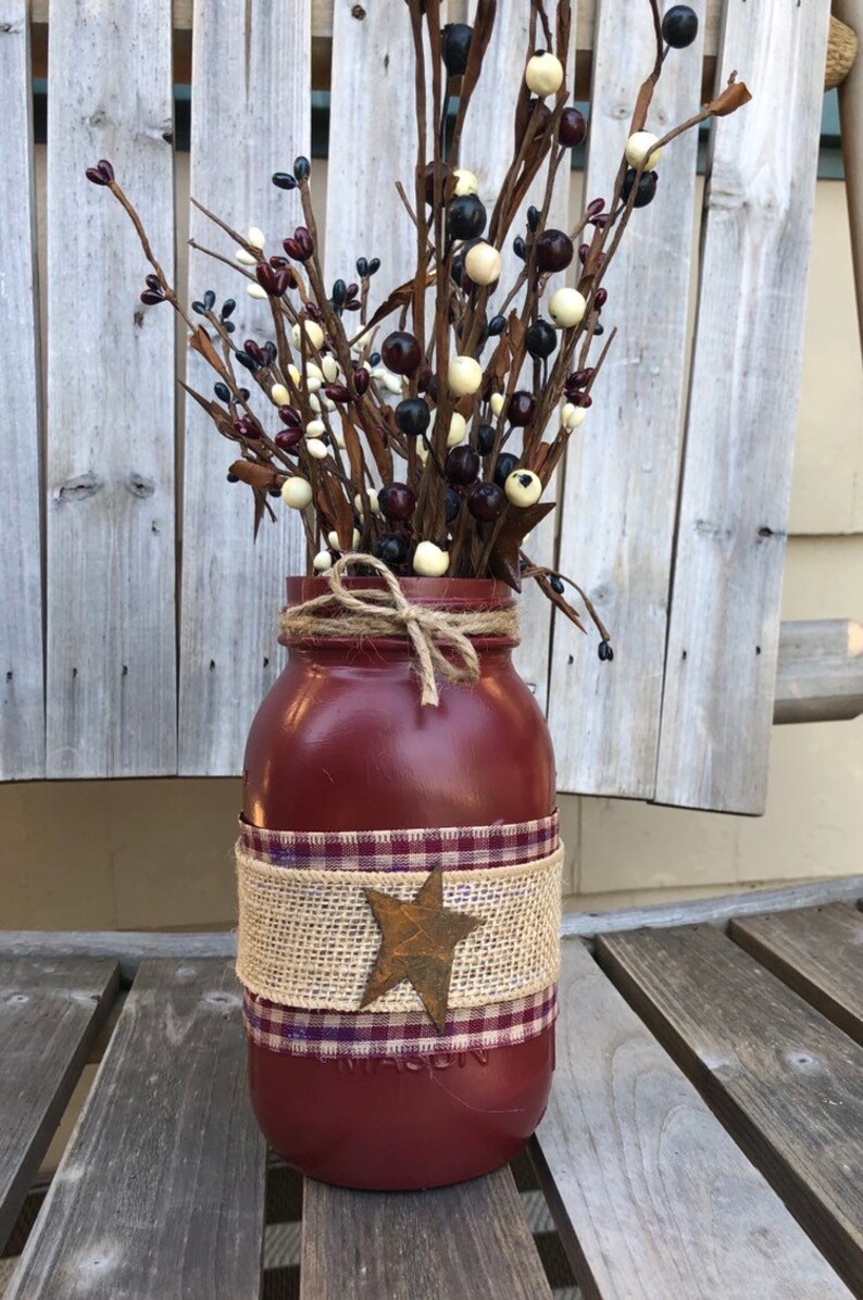 Primitive Star Mason Jar / Mason Jar Centerpiece / Painted Etsy