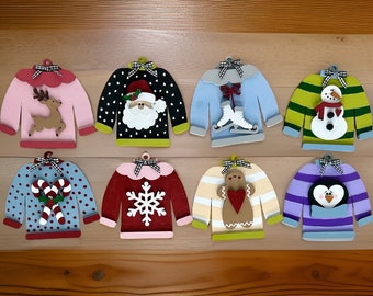 Christmas Sweater Ornaments / Wood Christmas Ornaments / Gifts Under 10
