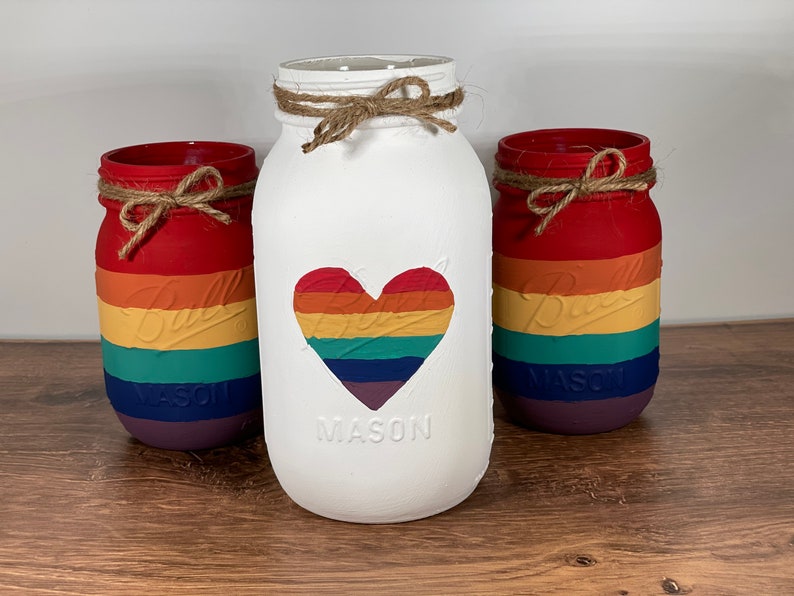 Rainbow Mason Jars / Mason Jar Centerpiece / LGBTQ Pride Decor / Rainbow Decor / Painted Mason Jars image 6