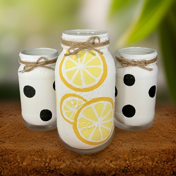 Lemon Mason Jars / Lemon Kitchen Decor / Mason Jar Centerpiece