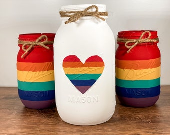 Rainbow Mason Jars / Mason Jar Centerpiece / LGBTQ+ Pride Decor / Rainbow Decor / Painted Mason Jars