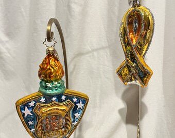 Vintage Radko 2 ornaments: NYPD Police 9/11 Sheild AND Support Our Troops Gold Ribbon