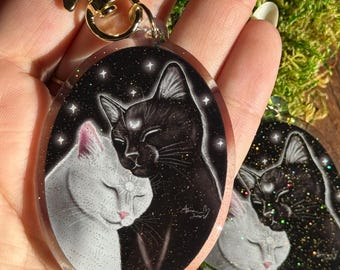 Double-Sided Glitter Cat Keychain with Sun and Moon Yin Yang Design