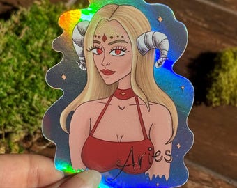Holographic Aries Sticker: Zodiac Ram Girl, Celestial Astrology