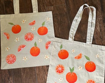Hand-Painted Orange Fruit Tote Bag: Reusable Cotton Canvas