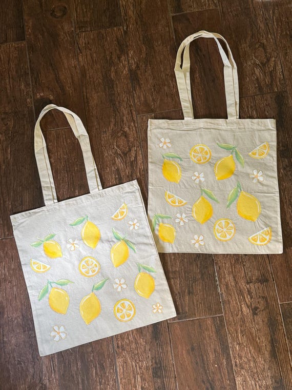 Hand-Painted Lemon Tote Bag: 100% Cotton Canvas Farmers Market Bag