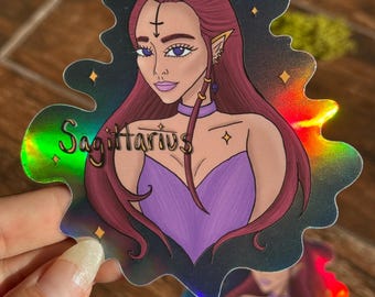 Holographic Sagittarius Sticker: Zodiac Archer Girl, Celestial Astrology
