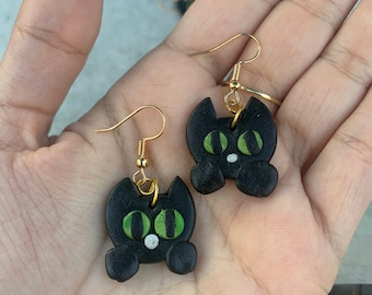 Black Cat Drop Polymer Clay Earrings