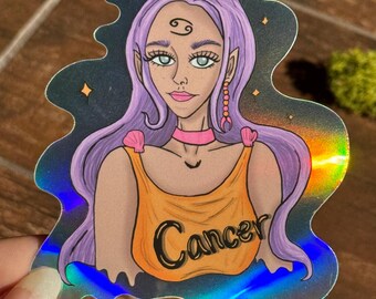 Holographic Cancer Zodiac Sticker: Iridescent Astrology Design