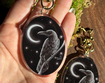 Black Raven Keychain | Double Sided Glitter Keychain | Witchy Keychain | Celestial Keychain