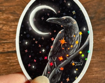 Holographic Star Black Raven Sticker |  Witchy Sticker | Celestial Sticker