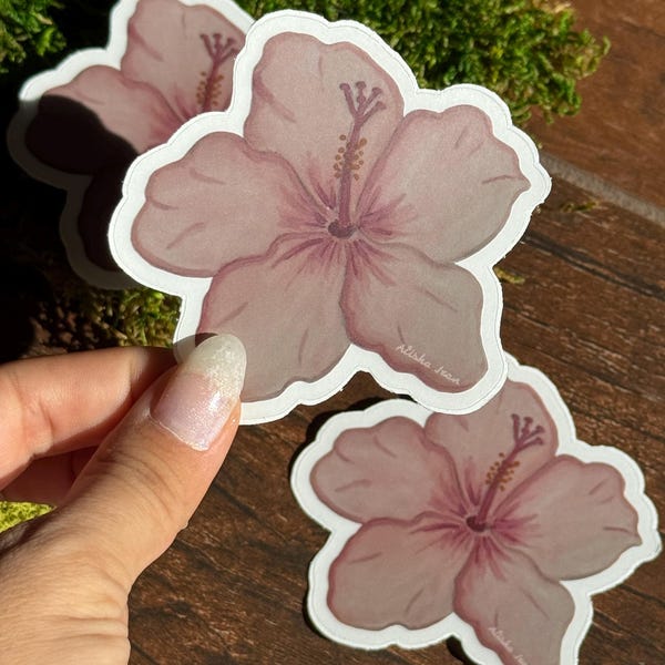 Pink Hibiscus Flower Sticker: Watercolor Tropical Decal, Clear Vinyl