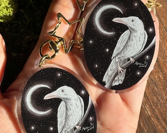 White Raven Keychain | Double Sided Glitter Keychain | Witchy Keychain | Celestial Keychain