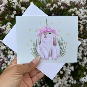 Cute Floral Bunny Greeting Card | Bunny Rabbit Wearing a Flower Hat | Floral Card | Rabbit Card | Easter Card | Birthday Card | Blank Card