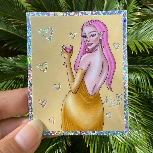 Pink Champagne  / AlishaJeanArt Original Character Art Sticker / Fashion Sticker / Elven Sticker / Fairy Sticker / Glitter Sticker