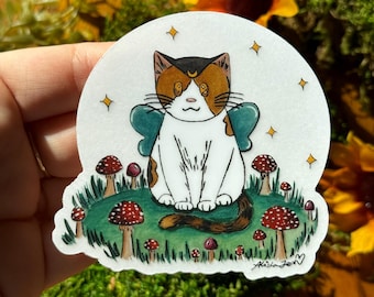 Fairy Calico Cat Sticker: Clear Weatherproof Vinyl, Cottagecore Laptop Decal