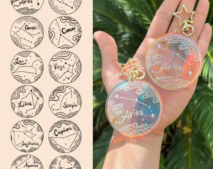 Celestial Astrology Keychain with Holographic Glitter & Star Clasp - Perfect Zodiac Gift / Sparkling Constellation Keychain for Zodiac Signs