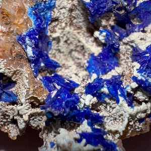 May include: Close-up of a mineral specimen featuring vibrant blue crystal formations against a backdrop of beige and white rock. The crystals have a sharp, angular structure, creating a striking contrast.