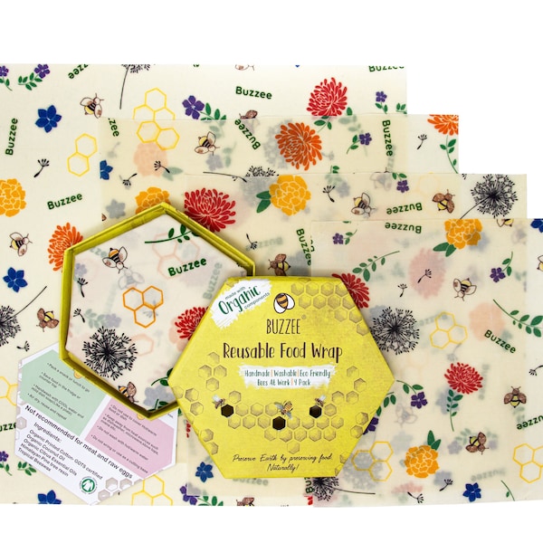 BUZZEE- Organic Beeswax Wraps |Value Pack(4)| Eco Friendly, Reusable Food Wraps,Plastic Free Food Storage | Bees At Work