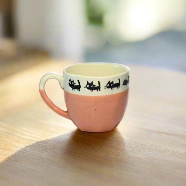 Handmade Pink Ceramic Mug: Japanese Black Cat Design, 8oz