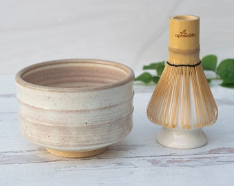 Ceramic Matcha Set - Japanese Matcha Bowl, Bamboo Matcha Whisk and Whisk Holder - Handcrafted Matcha Cup, 100 Prongs Chasen