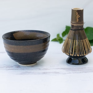 Handcrafted Dark Brown Ceramic Matcha Set - Matcha Bowl, Bamboo Matcha Whisk (100 Prongs Chasen) & Whisk Holder, Christmas Gift