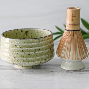 Light Green Kaneni Ceramic Matcha Set - Japanese Matcha Bowl, Bamboo Matcha Whisk and Whisk Holder - Handmade Matcha Cup, 100 Prongs Chasen