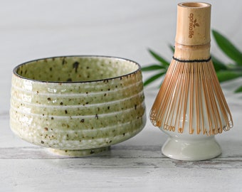 Light Green Kaneni Ceramic Matcha Set - Japanese Matcha Bowl, Bamboo Matcha Whisk and Whisk Holder - Handmade Matcha Cup, 100 Prongs Chasen