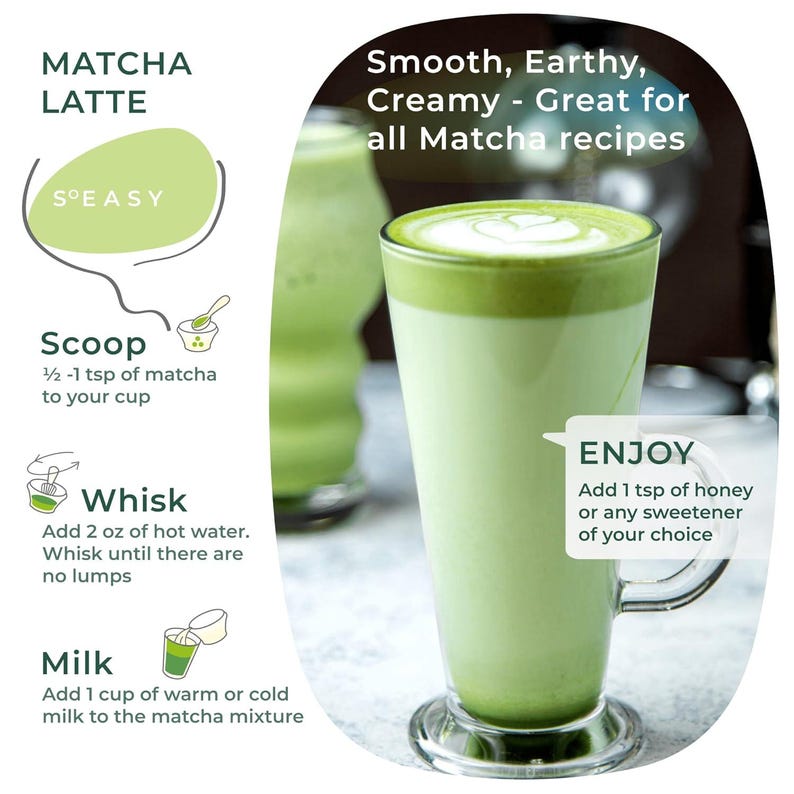 May include: A tall glass of matcha latte with a foamy top, next to a glass of matcha. The image includes instructions for making matcha latte: scoop matcha, whisk with hot water, add milk, and enjoy with honey or sweetener. Text reads: Smooth, Earthy, Creamy - Great for all Matcha recipes.