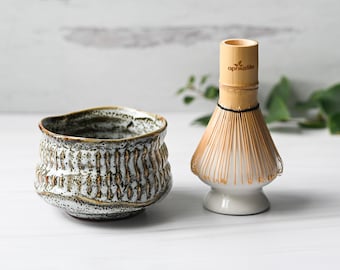 White Ceramic Matcha Set - Japanese Matcha Bowl, Bamboo Matcha Whisk and Whisk Holder - Handcrafted Matcha Cup, 100 Prongs Chasen