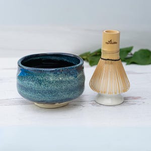 Handcrafted Dark Blue Ceramic Matcha Set: Japanese Matcha Bowl, Bamboo Matcha Whisk  (100 Prongs Chasen) and Whisk Holder, Christmas Gift