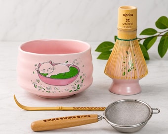 Pink Cat Matcha Set of 5: Matcha Starter Kit with Bowl, Sifter, Whisk, Scoop, Holder and Japanese Tea Options