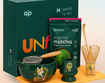 Green Cat Matcha Gift Set, Matcha Starter Kit with Bowl, Whisk, Sifter, Holder and Japanese Tea Options