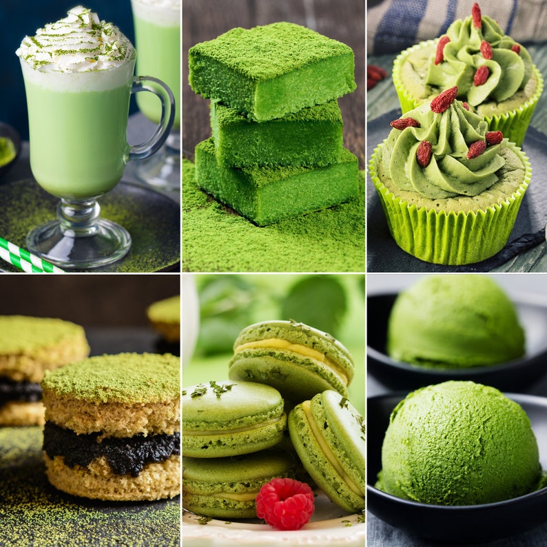 May include: A collage of matcha-flavored treats. Includes a matcha latte with whipped cream, green brownies dusted with matcha powder, cupcakes with matcha frosting and goji berries, layered cakes, macarons, and scoops of matcha ice cream.