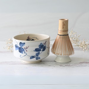 Ceramic Matcha Set: Japanese Matcha Bowl, Bamboo Matcha Whisk & Whisk Holder, Handcrafted Matcha Cup, 100 Prongs Chasen - Christmas Gift