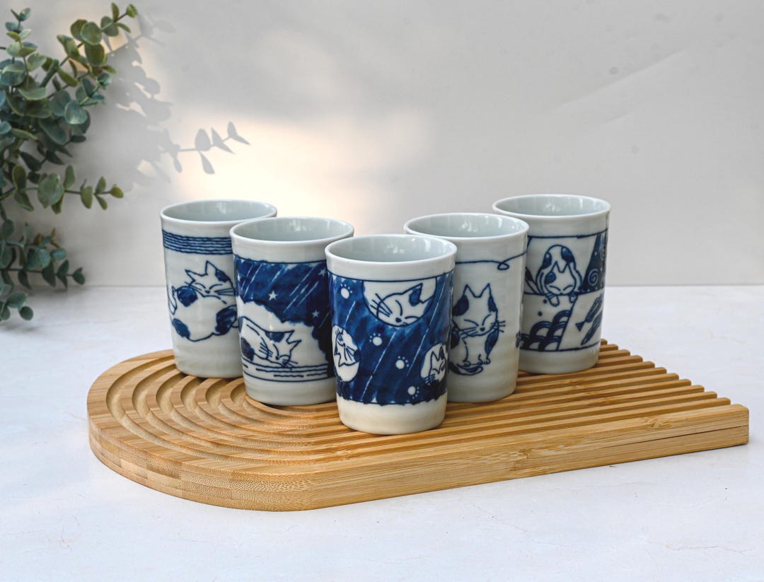 Mino-Ware Cat Tea Cups: Japanese Ceramic Set of 5 - Set of 5