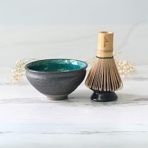 Handcrafted Blue & Black Ceramic Matcha Set: Japanese Matcha Bowl, Bamboo Matcha Whisk (100 Prongs Chasen), Whisk Holder, Mother&#39;s Day Gift