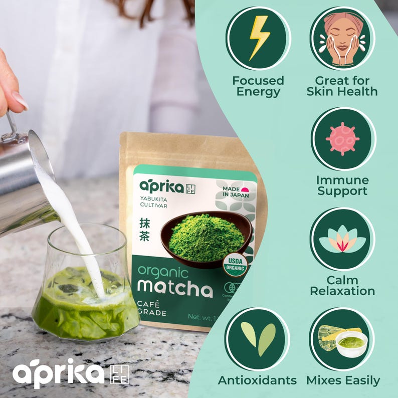 May include: A bag of organic matcha powder with a glass of matcha latte being poured. The bag is labeled "aprika organic matcha" and "Made in Japan". The image also includes icons for focused energy, skin health, immune support, calm relaxation, antioxidants, and mixes easily.
